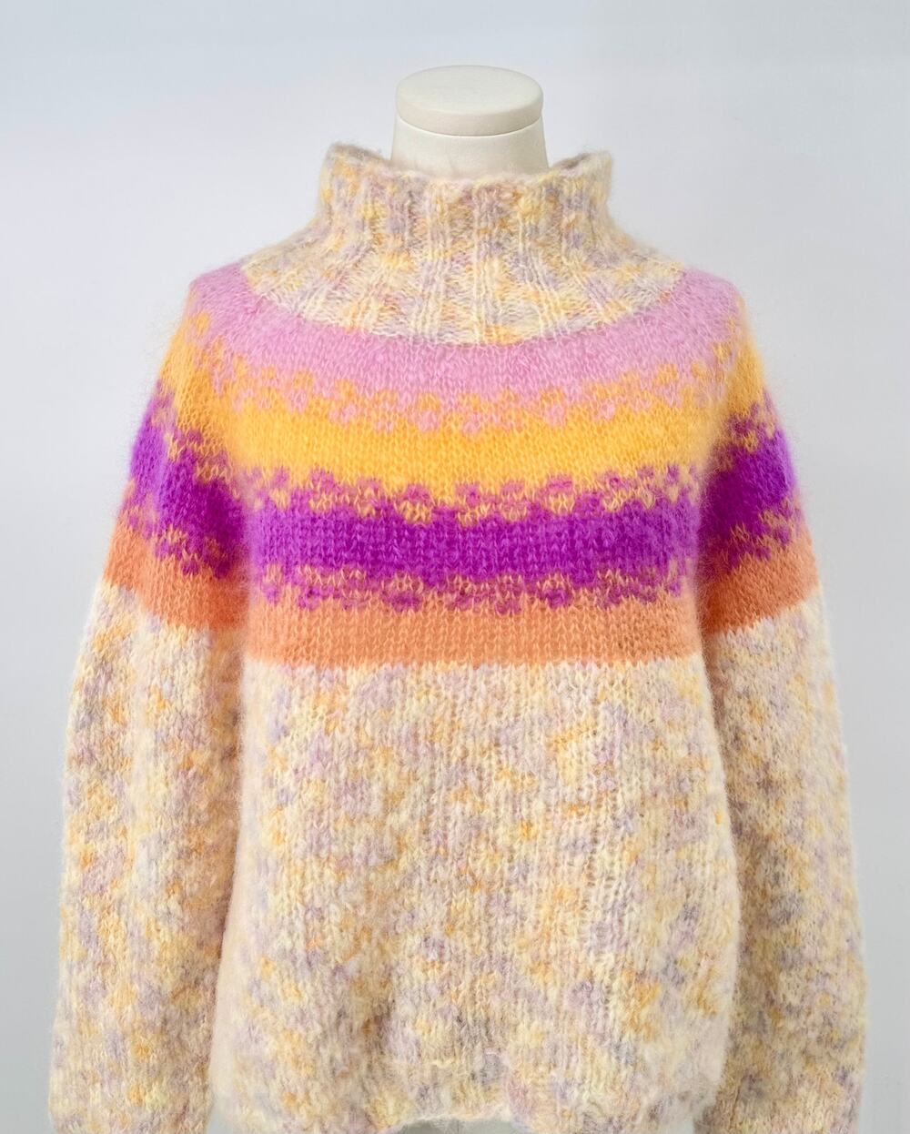 Rose Carmine Alpaca Wool Sweater Mock Neck Cream Pink Stripe 1 Small